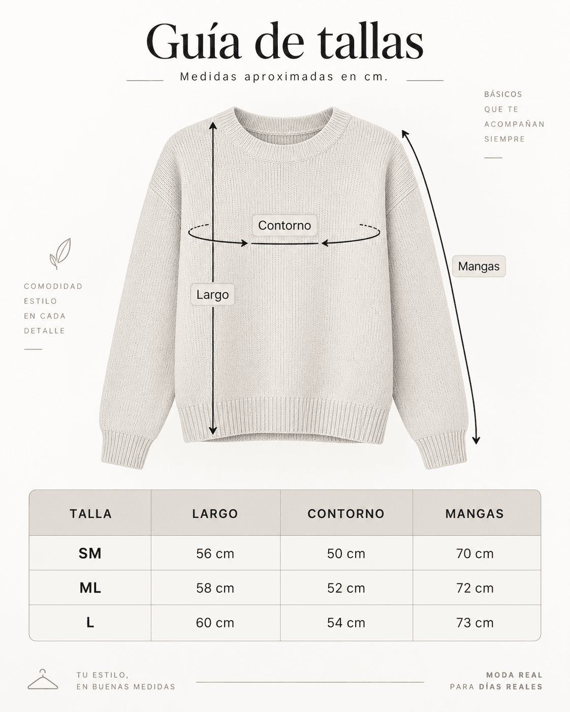 Guía de tallas Alcor: cómo medir largo, contorno y mangas del suéter, con la tabla de medidas por talla