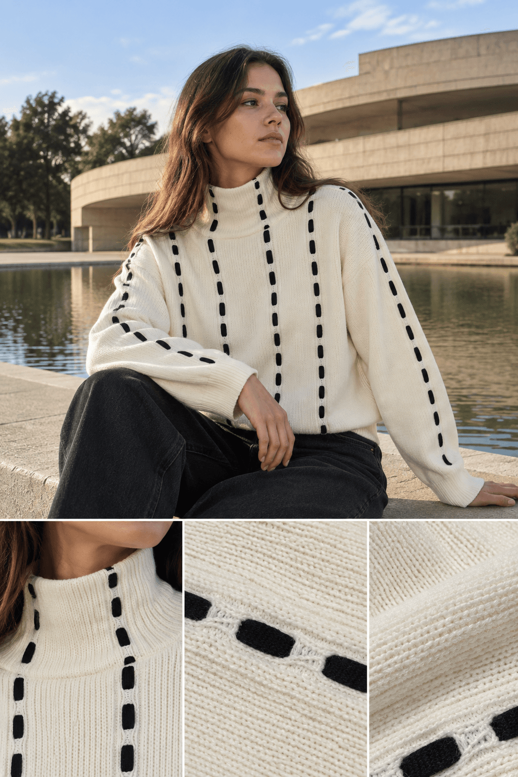 Sueter Mosaico Blanco ALCOR, look completo y detalles del tejido